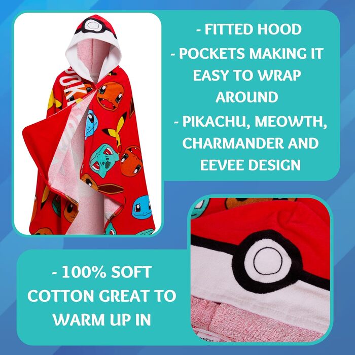 Дитячий пончо-рушник Pokemon з капюшоном, 100% бавовна, Покебол, Пікачу, пляжне та банне покривало