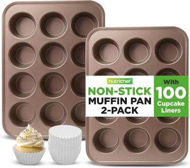 Форма для мафінів NutriChef, антипригарна, 2 шт. по 12 отворів, з вуглецевої сталі, без PTFE, PFOA, PFOS і BPA, підходить для посудомийної машини, з високим бортом