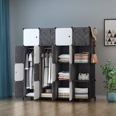 Шафа HOMIDEC модульна пластикова, 20 кубів, 2 штанги для одягу, біло-чорна, 180x142x45 см, для спальні