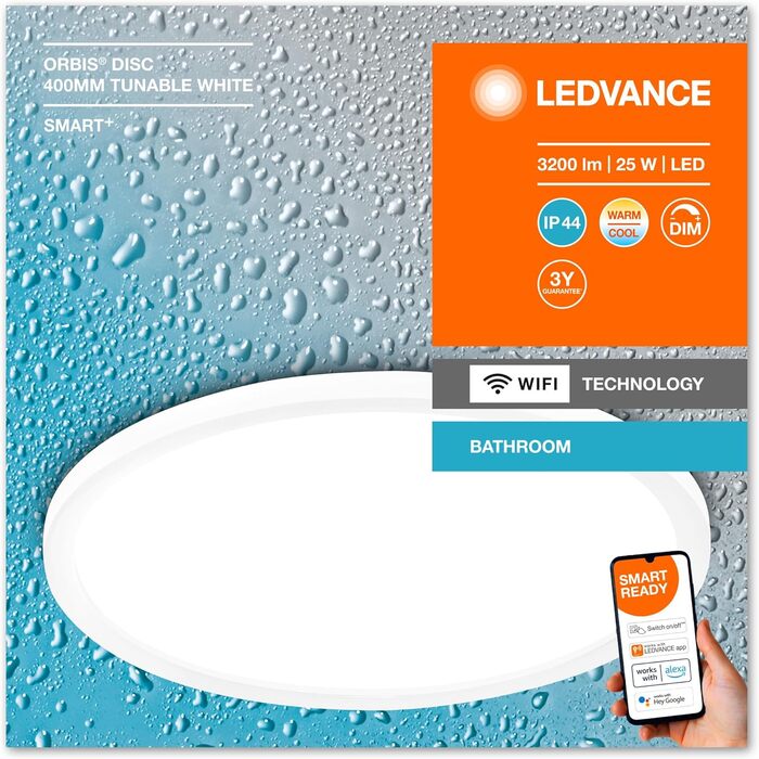 Розумна LED лампа для ванної LEDVANCE Orbis Bath, 1200 Лм, 3000-6500K, 40 см, IP44, димована, керування через Wi-Fi, додаток та голосовий асистент, біла