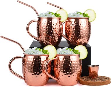 Набір мідних келихів для Moscow Mule, ручна робота, харчова мідь, 473 мл, подарунковий комплект з чаркою, соломинками та підставками, 4 шт.