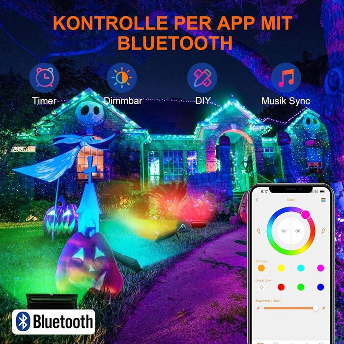 Світлодіодний RGB прожектор DUSKTEC 80W для вулиці, диміруємий, з керуванням через додаток, Bluetooth, з вилкою, зміна кольору, тепле біле світло, водонепроникний IP66, для саду, комплект 2 шт. (30 Вт)