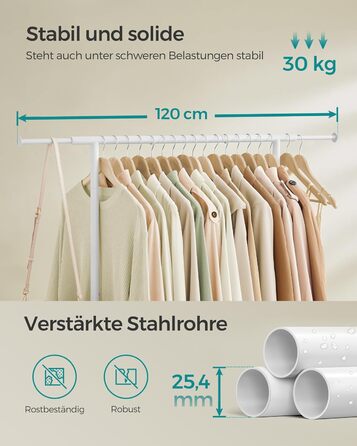 Пересувна стійка для одягу SONGMICS, розсувна, сталева, з полицею, 40 x (83-120) x 156 см, біла