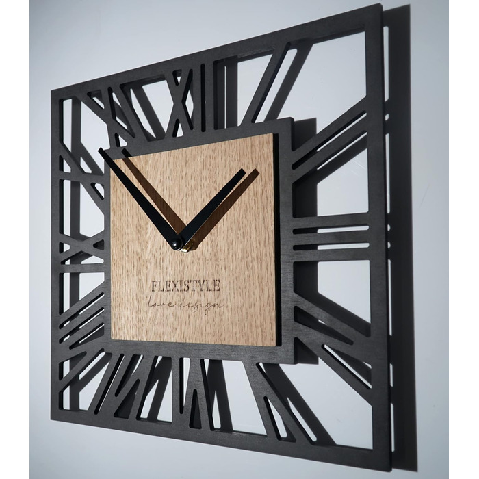 Сучасний настінний годинник FLEXISTYLE LOFT Piccolo Square 30см, безшумний, чорний дуб, для вітальні та ванної