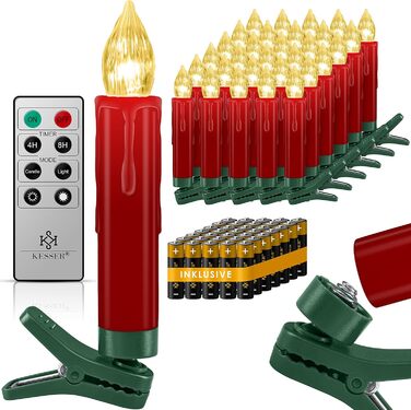 KESSER LED ялинкові свічки 30 шт., бездротові, різнокольорові, з пультом, таймером, мерехтінням, димміровані, з батарейками, кріплення, червоні