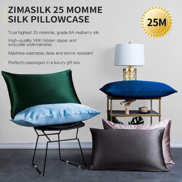 Шовкова наволочка ZIMASILK 25 моммі з натуральної мулбері шовку для волосся та шкіри, обидві сторони, 900 ниток, прихована блискавка, подарункова коробка, світло-блакитна, 50x75 см