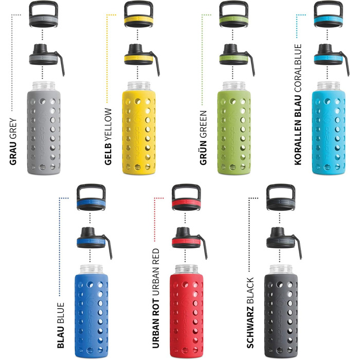 Скляна пляшка для води з силіконовим чохлом, 950 мл, герметична, BPA-free, придатна для миття в посудомийній машині, 2 змінні кришки, для офісу, спорту, фітнесу, йоги, темно-синя