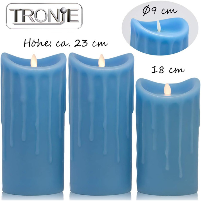 Світлодіодні свічки Tronje з натурального воску, набір 3 шт, сині, з таймером і рухомим полум'ям, 23/18/23 см