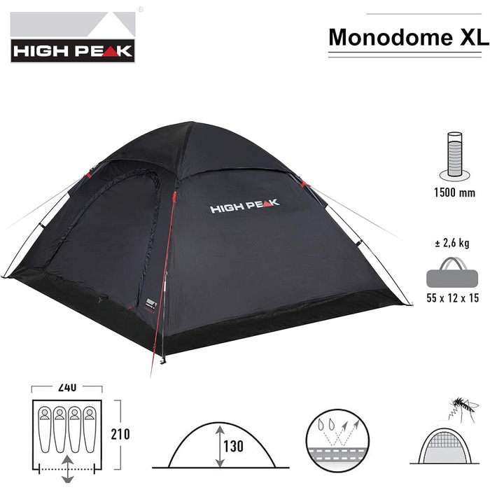 Намет High Peak Monodome XL купольний для 4 осіб, іглу для кемпінгу та фестивалю з підлогою-ванночкою