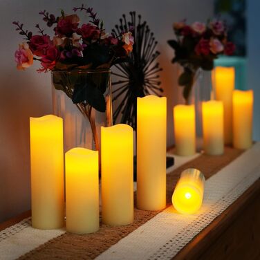 Світлодіодні безпечні свічки Homemory з імітацією полум'я, на батарейках, з пультом та таймером, набір 9 шт., електричні, справжній віск, колір айворі