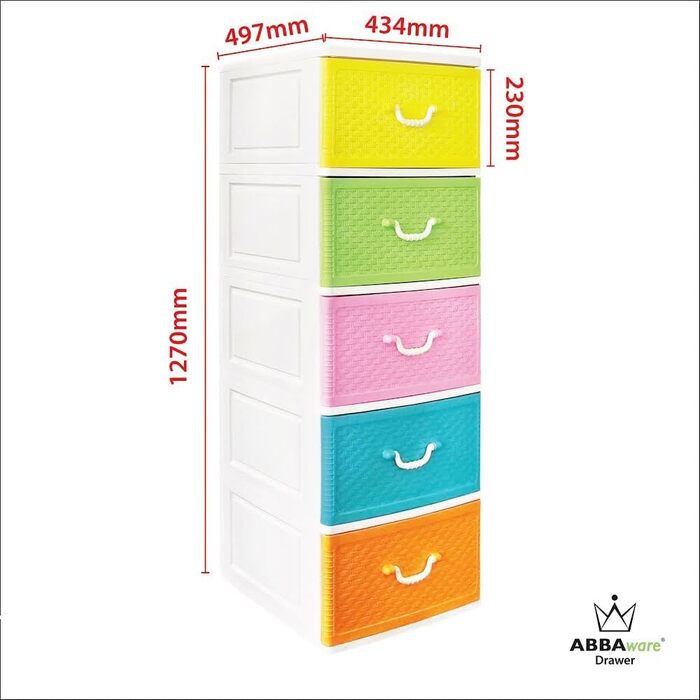 Комод 44x50x127 см з 5 великими шухлядами XXL, 40 л, кольоровий, сучасний дизайн Weave, з переробленого пластику PP