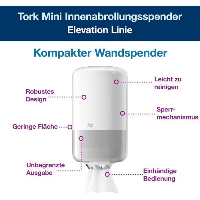 Диспенсер для паперових рушників Tork M1 Mini, білий, настінний, гігієнічна подача, 174x321x165 мм, Elevation Design