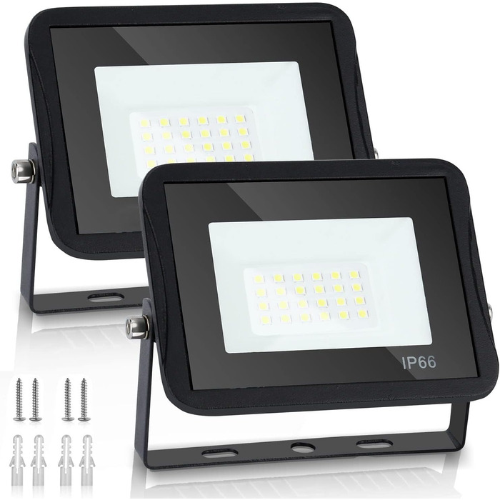 LED прожектор для вулиці та приміщень, 2 шт, 30W, IP66, 8500 Лм, холодне біле світло 6000K, водонепроникний, широкий кут 120°, суперяскравий світильник для фасаду та двору