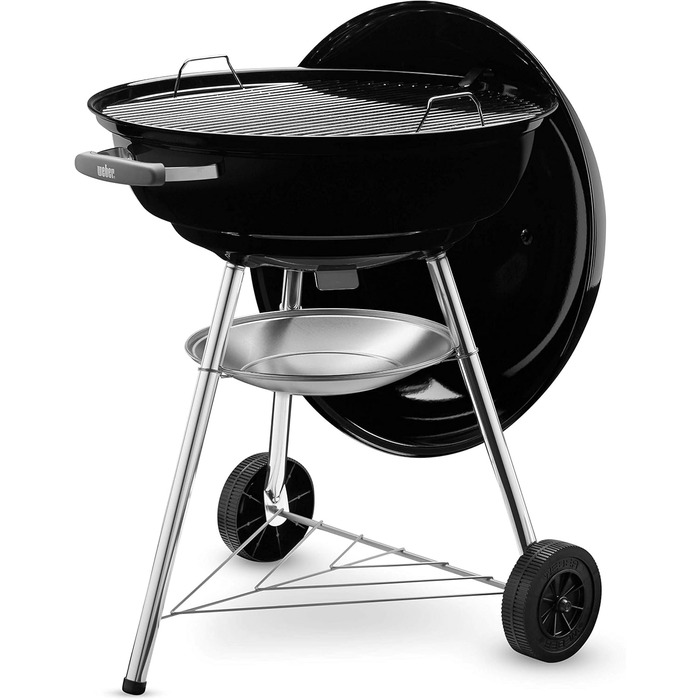 Вугільний гриль Weber Compact Kettle 57 см, порцелянове емалювання, кришка і котел, тринога з колесами, хромована решітка, чорний