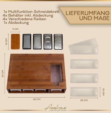 Дошка для нарізання Acolyne XXL з піддоном, карбонізований бамбук, 4 насадки для чищення, кришка, багатофункціональний кухонний набір