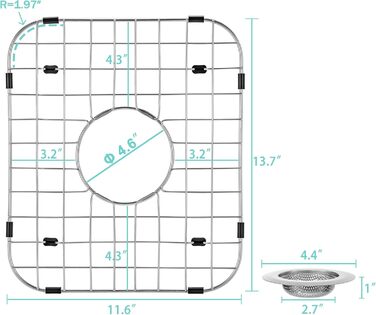 Комплект з 4 захисних решіток для мийки 34x29x2,5 см з нержавіючої сталі, з центральним отвором для зливу та 2 ситами, металевий захист для кухонної раковини