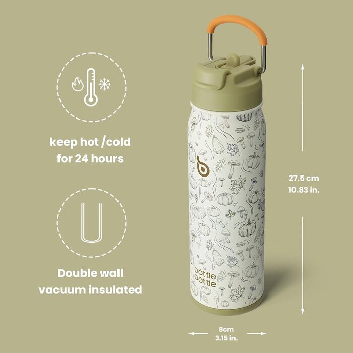 Термобутилка з нержавіючої сталі BOTTLE BOTTLE 709 мл з трубочкою, ручкою та відсіком для пігулок, ізольована спортивна пляшка для школи й активного відпочинку (гарбузовий колір)