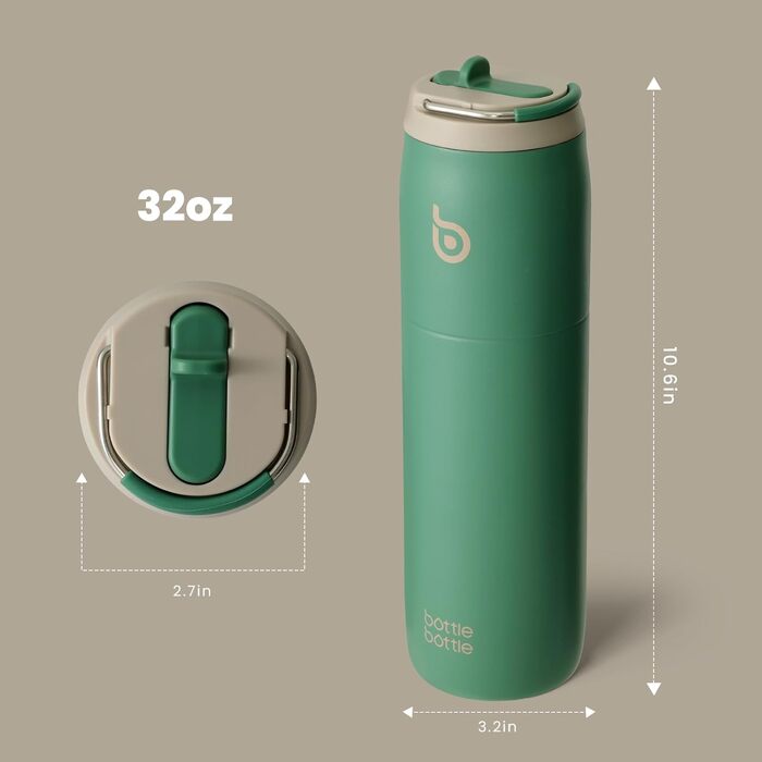 Термобутилка bottlebottle 946 мл з нержавіючої сталі із трубочкою та ручкою, ізольована, подвійні стінки, для спорту, подорожей і тренажерного залу, не протікає, BPA-free, зелена