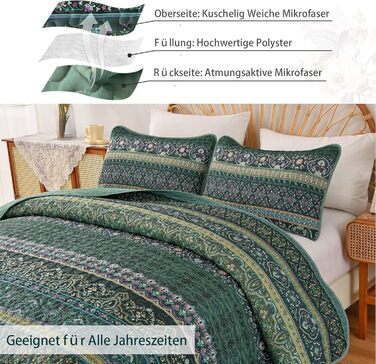 Покривало WONGS BEDDING 220x240 см, стьобане, комплект 3 шт. для двоспального ліжка, мікрофібра, у стилі бохо, темно-зелене, з 2 наволочками 50x70 см, для спальні чи дивану