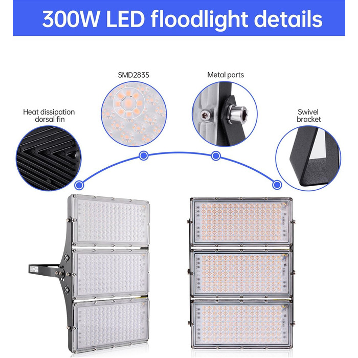 LED прожектор 300W 30000Лм, тепле біле світло 3000K, IP65, вуличний водонепроникний ліхтар для саду, тераси, гаража, спортмайданчика, фабрики, майстерні