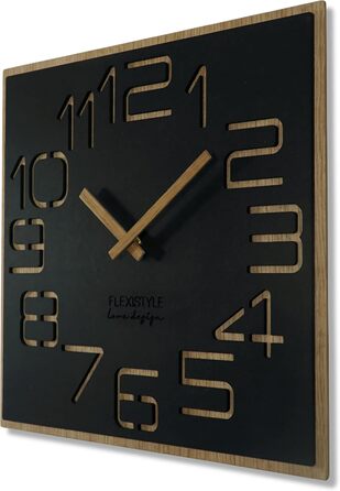 Великий настінний годинник FLEXISTYLE з дерева, квадратний, безшумний, для вітальні та спальні, чорний, 40 см, зроблено в ЄС