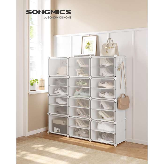 SONGMICS шафа для взуття з 12 відділеннями, біла, сталевий каркас, пластикові полиці, з дверцятами, 124,4×124,6 см, для коридору, спальні, передпокою