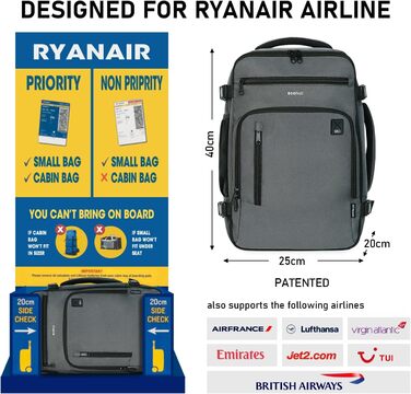 Рюкзак ручна поклажа 40x20x25 для Ryanair, водонепроникний, екологічний, під сидіння, 20л, для ноутбука, жіночий, сірий