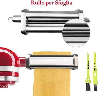 Насадка для макаронів Italdos 3-в-1 для KitchenAid: валик для лазаньї, різак для фетучині та спагеті, нержавіюча сталь, з щітками для чищення