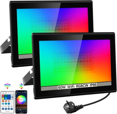Світлодіодний прожектор для вулиці 100Вт, RGB, з дистанційним керуванням і Bluetooth-додатком, IP66, водонепроникний, набір 2 шт, для саду та двору