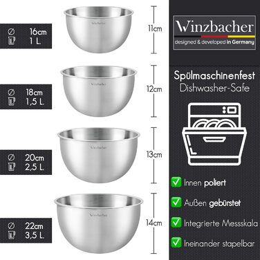 Набір мисок з нержавіючої сталі Winzbacher 4 шт (1 л, 1.5 л, 2.5 л, 3.5 л), з мірною шкалою, для салатів і змішування, підходять для посудомийної машини, штабельовані, внутрішня поліровка, зовнішня шліфовка
