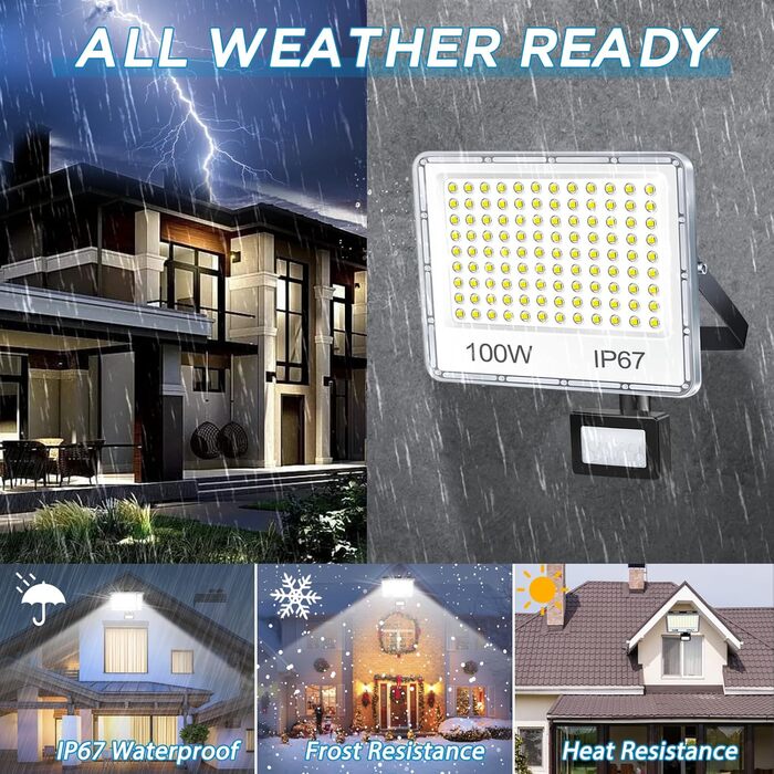 LED прожектор з датчиком руху для вулиці 100 Вт, 10000 Лм, 6500K, IP67, набір 2 шт, водонепроникний світильник для складу, саду, гаража