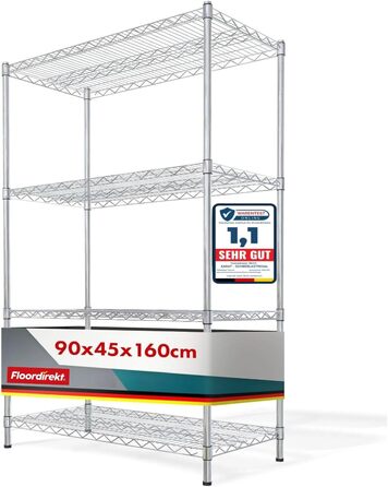 Металевий кухонний стелаж Floordirekt Everest, хромований, 4 полиці, ванна, комора, вантажопідйомність 70 кг/полиця, 90x45x160 см