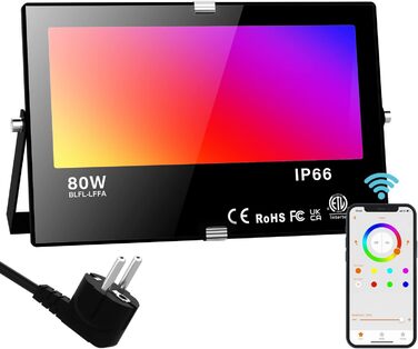 RGB LED прожектор 80W для вулиці з Bluetooth, керування через додаток, розумне освітлення, 2700K, мільйони кольорів, димірується, IP66, водонепроникний, для саду та фасаду
