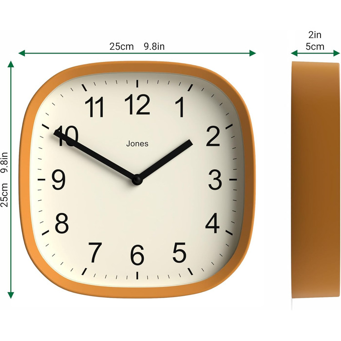 Квадратний ретро настінний годинник JONES CLOCKS Sprite з акрилу, м'ятний 25x25 см, жовтий