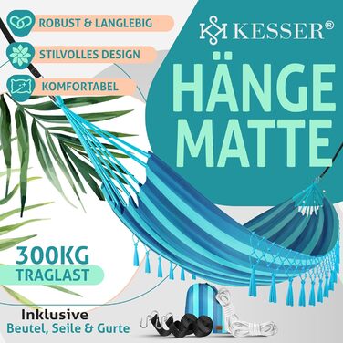 Гамак KESSER 320x150 см, до 300 кг, синій, водостійкий та дихаючий, з бахромою для 1-2 осіб, для саду, кемпінгу та відпочинку, у комплекті сумка, мотузки та ремені