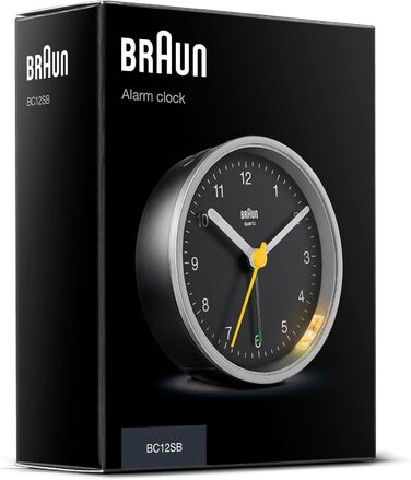 Класичний аналоговий будильник Braun BC12SB з підсвіткою, тихим кварцовим механізмом, поступовим сигналом і функцією повтору, чорний/сріблястий