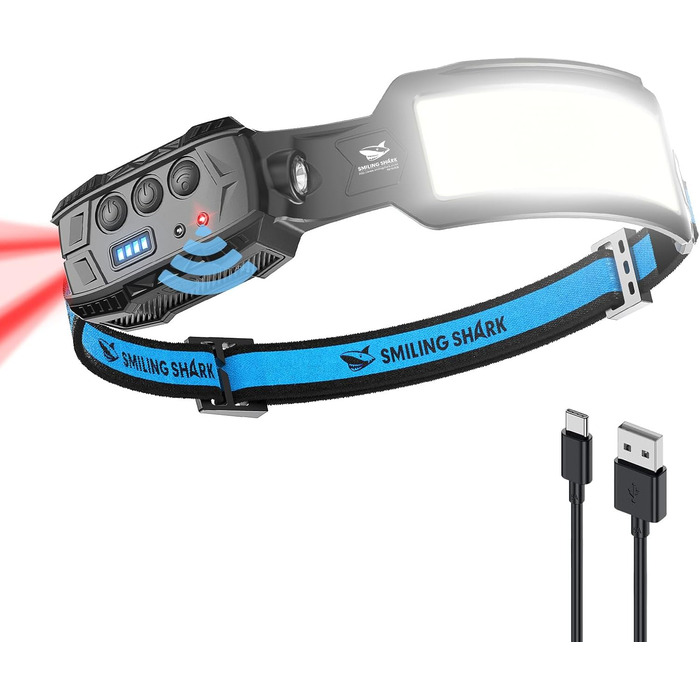 Лобовий ліхтар Smiling Shark 7 LED, 270° з датчиком руху, суперяскраве біле та червоне світло, акумуляторний, для кемпінгу, риболовлі, ремонту