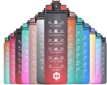 Пляшка для води 1 л BPA Free із соломинкою та часовими мітками, для велосипеда, спорту, школи та активного відпочинку, підходить для газованих напоїв, сіра та червона
