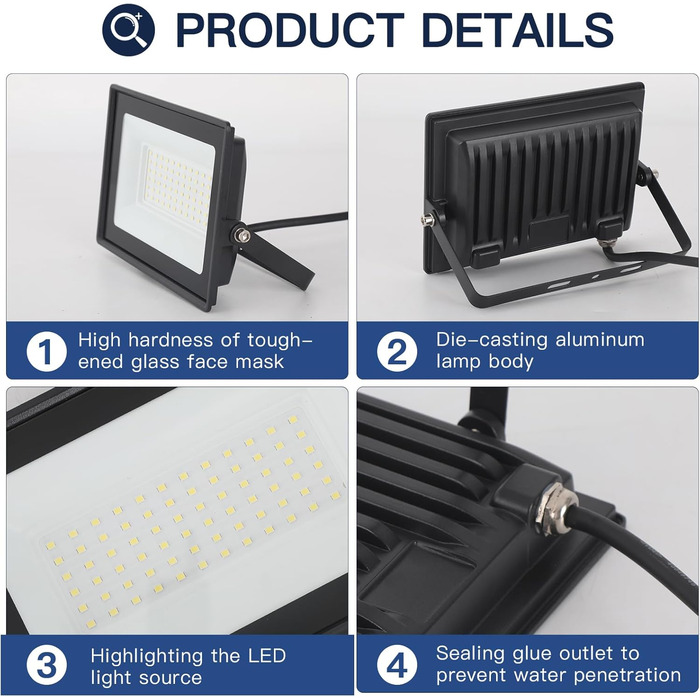 LED прожектор 50Вт для вулиці, 5000Лм, 72 LED, IP65, холодне біле світло 6500K, 230В, водонепроникний, для гаража та саду, чорний, 2 шт.