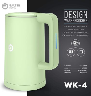 Електричний чайник Balter WK-4, 1,7 л, нержавіюча сталь, подвійні стінки, без BPA, LED підсвітка, компактний, тихий, чорний/м'ятний