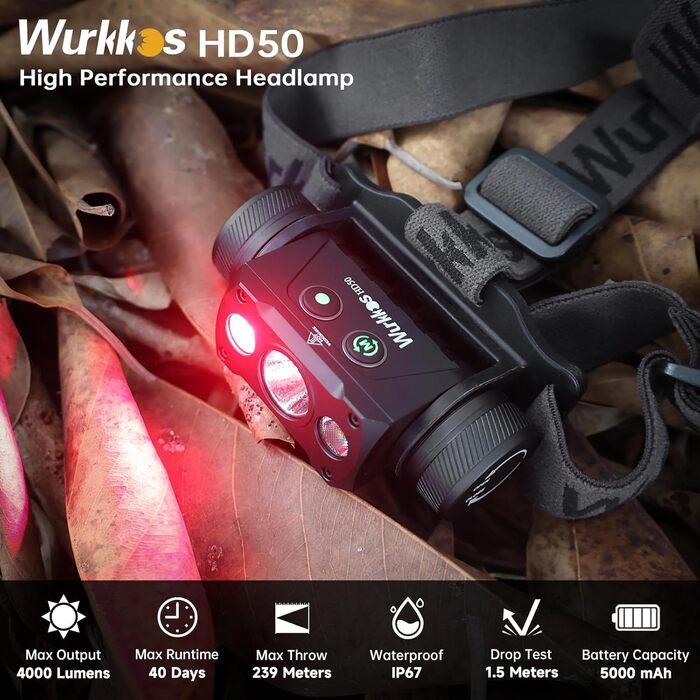 Налобний ліхтар Wurkkos HD50 4000 люмен, LED, 9 режимів яскравості, USB Type-C зарядка, IPX8 водонепроникний, для бігу, кемпінгу, нічних прогулянок
