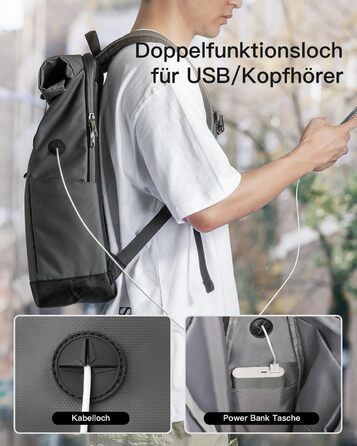 Рюкзак Inateck RollTop 25-30 л для чоловіків і жінок, велосипедний, шкільний, для університету, роботи, спорту та подорожей, з відділенням для ноутбука 17'' (сірий, стильний дизайн)