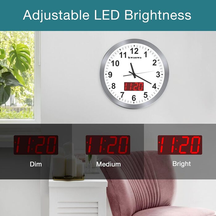 Сучасний настінний годинник KWANWA без тиканя, цифровий LCD/LED дисплей, календар, термометр, на батарейках, 30,5 см, 12-годинний формат, для кухні, спальні та офісу, сріблястий корпус, червоний LED