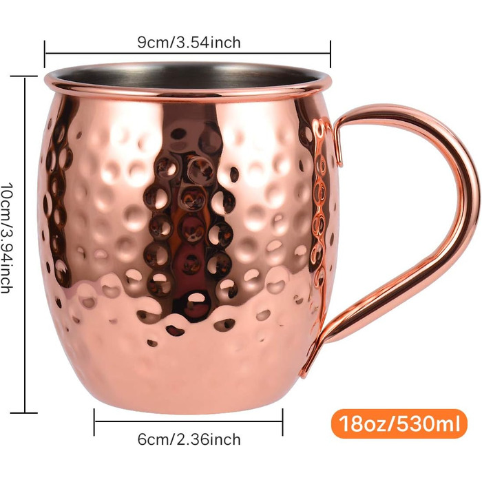 Набір мідних келихів для Moscow Mule, ручна робота, харчова мідь, 473 мл, подарунковий комплект з чаркою, соломинками та підставками, 4 шт.