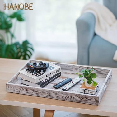 Декоративний дерев'яний піднос Hanobe XXL 55x40 см, білий, з ручками, для сервірування та декору вітальні, кухні, у стилі кантрі
