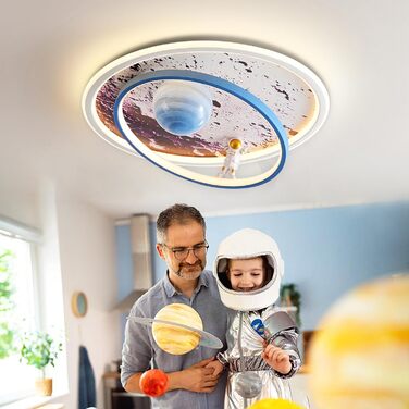 Дитяча стельова LED лампа RRBEST Місяць-Астронавт, димована, з пультом, для хлопчиків і дівчаток, синя, 50×16 см, сучасний дизайн, декоративне освітлення дитячої кімнати