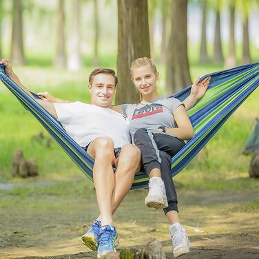 Подвійний гамак 280x150 см для вулиці, стрижневий, туристичний, для кемпінгу та саду, сині смуги, до 300 кг, портативний і дихаючий