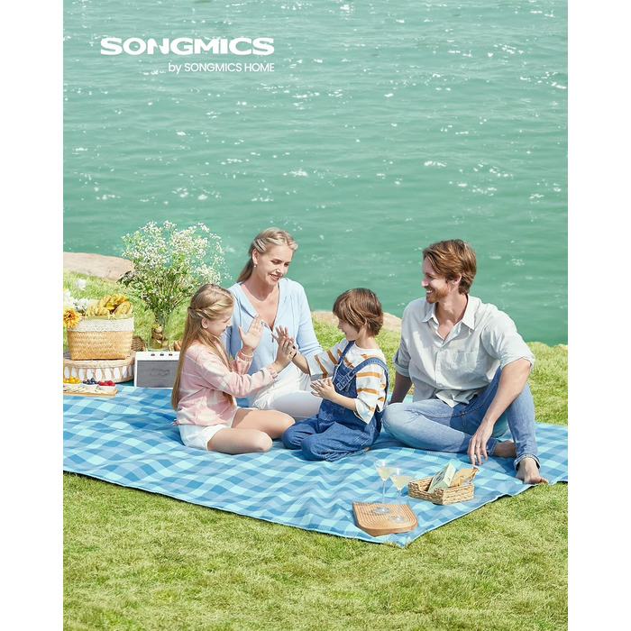 Пікнікова ковдра SONGMICS 200x300 см, водонепроникна, складана, з 4 кілочками, для парку, саду, пляжу, синя