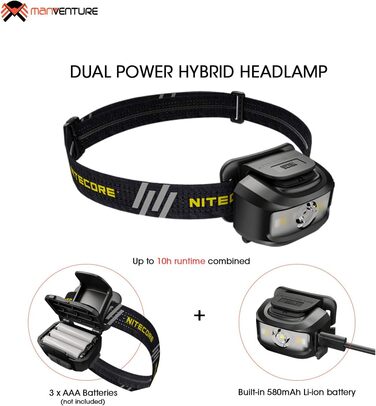 Ліхтарик налобний Nitecore NU35, LED, 460 люмен, акумуляторний, гібридне живлення, водонепроникний IP66, з червоним світлом
