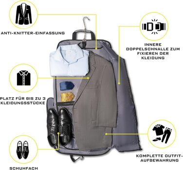 Дорожній чохол для костюмів Kleidersack Luxe Grijs на 3 костюми, з плечовим ременем та кишенями, ручна поклажа для подорожей і відряджень